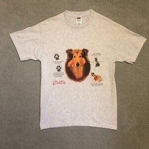 90s Vtg Fruit of the Loom Collie Dog Graphic T Shirt Heather Grey Mens Medium